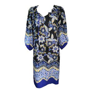 EnFocus Studio Dress Womens Size 12 Blue Yellow Floral 3/4 Sleeve Boho Dainty